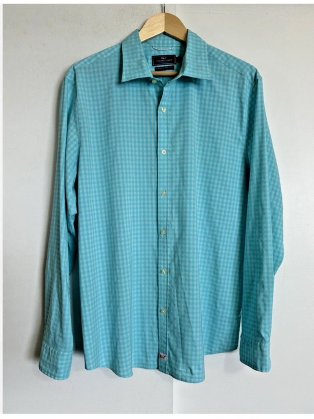 VINEYARD VINES Lg Performance Slim Fit Cooper Shirt Mens Aqua Blue Gingham Check